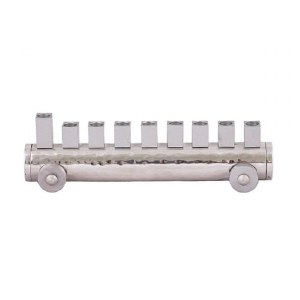 Candle Menorah Hammered and Anodized Train Shape Silver Color by Yair Emanuel