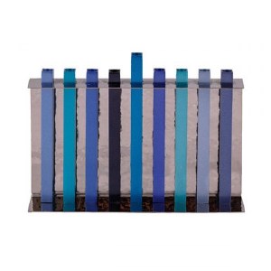 Candle Menorah Hammered Backdrop with Anodized Straight Lined Blue Branches by Yair Emanuel