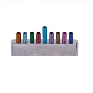 Candle Menorah Multi Colored Anodized and Hammered Strip Style by Yair Emanuel