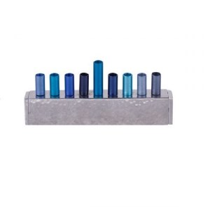 Candle Menorah Blue Anodized and Hammered Strip Style by Yair Emanuel