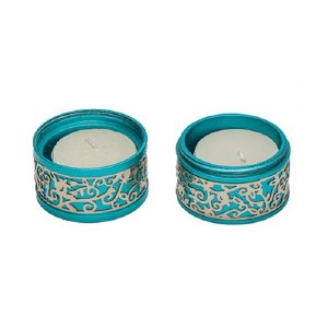 Yair Emanuel Folding Travel Candlesticks Aluminum Turquoise with Metal Cutout