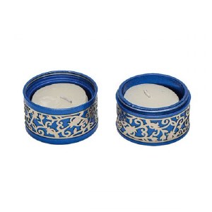 Yair Emanuel Folding Travel Candlesticks Aluminum Blue with Metal Cutout