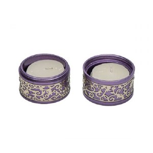 Yair Emanuel Folding Travel Candlesticks Aluminum Purple with Metal Cutout