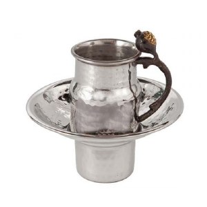 Yair Emanuel Stainless Steel Mayim Achronim Cup and Bowl Set Accentuated with Pomegranate Branch Handle