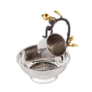 Yair Emanuel Stainless Steel Hanging Mayim Achronim Cup and Bowl Set Accentuated with Pomegranate Branch