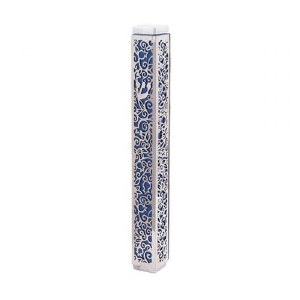 Yair Emanuel Mezuzah Case Anodized with Metal Cutout Pomegranate Design Blue 15cm