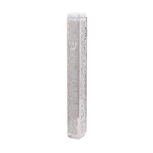 Yair Emanuel Mezuzah Case Anodized with Metal Cutout Pomegranate Design Silver Color 15cm