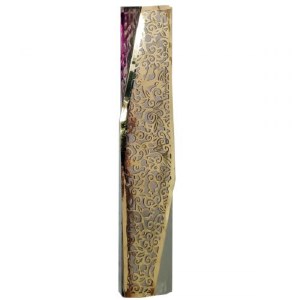 Yair Emanuel Mezuzah Case Hammered Aluminum Geometric Design with Brass Color Pomegranate Cutout 12cm