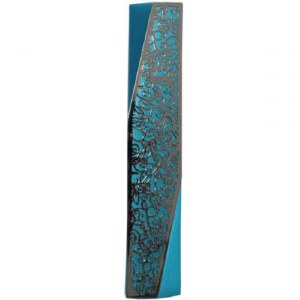 Yair Emanuel Mezuzah Case Turquoise Aluminum Geometric Design with Silver Color Pomegranate Cutout 12cm