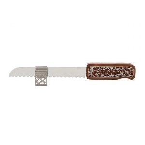 Yair Emanuel Challah Knife Anodized Aluminum Wood and Silver Cutout Design on Handle