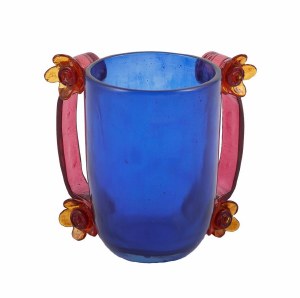 Yair Emanuel Polyresin Washing Cup Blue with Maroon Flower Handles