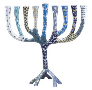 Yair Emanuel Metal Candle Menorah Abstract Painted Design Tripod Base Small Size Blue 8"