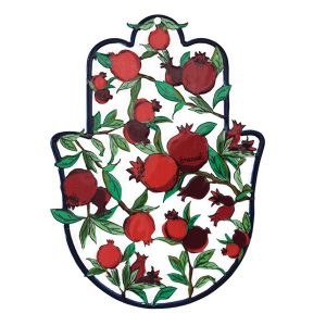 Yair Emanuel Metal Hamsa Enamel Lacquer Red Pomegranate Design Small 4"