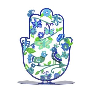 Yair Emanuel Standing Hamsa Large Size Hand Painted Blue Birds Design 7"