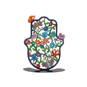 Yair Emanuel Self Standing Hamsa Hand Painted Butterflies Design