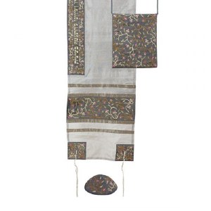 Yair Emanuel Machine Embroidered Tallit Set Flowers Strip Grey Design