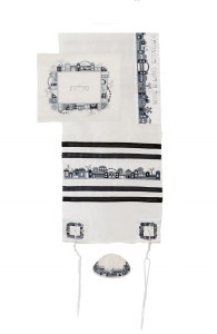 Yair Emanuel Embroidered Tallit Jerusalem Strip Black Design