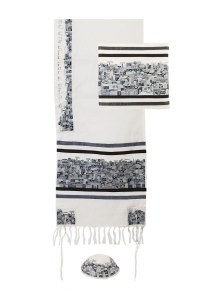 Yair Emanuel Embroidered Tallit Jerusalem Black Design 20" x 75"