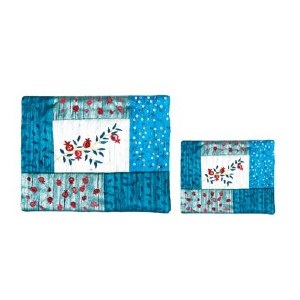 Yair Emanuel Embroidered Tallit and Tefillin Bag Set with Patches - Pomegranates Blue