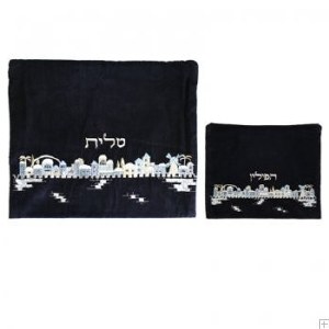 Yair Emanuel Velvet Embroidered Tallit and Tefillin Bag Set - Jerusalem Blue