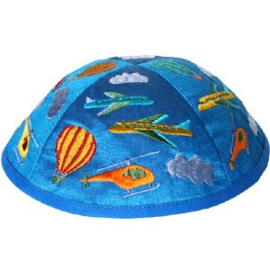 Yair Emanuel Embroidered Kids Kippah Blue with Multi Colored Air Transport