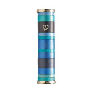 Yair Emanuel Aluminum Mezuzah Case with Multi Tone Blue Rings 10cm