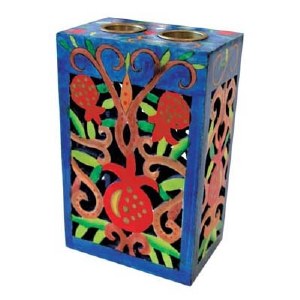 Yair Emanuel Hand Painted Wooden Cutout Candlesticks with Pomegranate Design