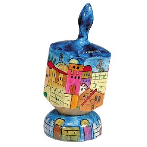 Large Painted Dreidel With Stand - Jerusalem Design - Nun Gimmel, Hey & Pey