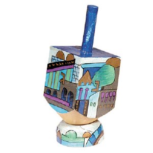 Yair Emanuel Painted Dreidel Wood with Stand Small Jerusalem View Design