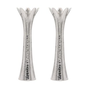 Yair Emanuel Aluminum Candlesticks Hammered Flower Design Large Size Silver 8"