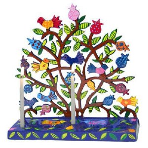 Hanukkah Candle Menorah Laser Cutout Birds on Pomegranate Tree