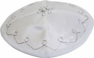 Bris Yarmulka with Strings White Satin Designed with Silver