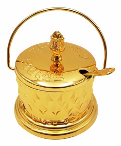 Honey Dish with Handle Includes Glass Insert and Spoon Gold Color