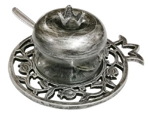 Pewter Honey Dish Carved Pomegranate Design with Spoon