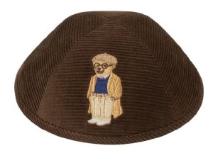 iKippah Brown Corduroy with Grandpa Bear Applique Size 2