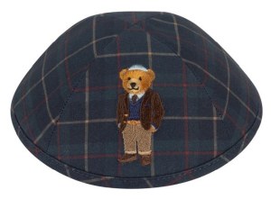 iKippah Blue Plaid with Dov Bear Applique Size 16cm