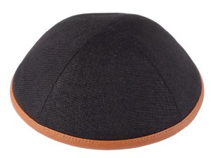 iKippah Black Linen with Caramel Leather Rim Size 5