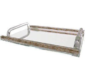 Crystal Mirror Tray Clear Handles Accented with Crushed Gold Stones Border 16.5" x 11.75"