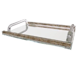 Crystal Mirror Tray Clear Handles Accented with Crushed Gold and Silver Stones Border 16.5" x 11.75"