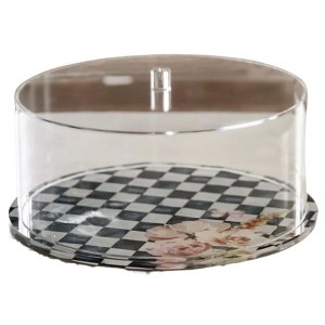 Lucite Decorative Cake Dome Black Checkered Painted Base 12.5"