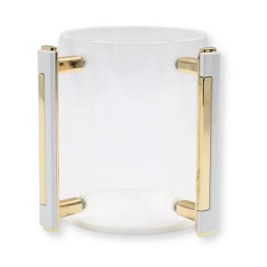 Lucite Round Wash Cup Gold Accent Rectangle Handles White 5"