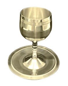 Stainless Steel Kiddush Cup on Stem with Matching Saucer Silver Stripe Design