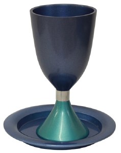 Kiddush Cup with Saucer Annodized Aluminum Blue and Teal 5.5"