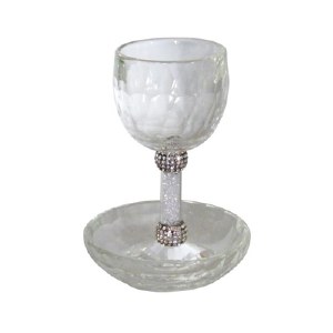 Kiddush Cup Crystal with Crushed Glass Stem with Silver Color Rings and Matching Saucer