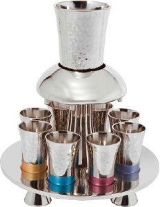 Yair Emanuel Hammered Metal Kiddush Fountain Large Cup with 8 Small Cups Multicolor