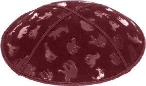 Burgundy Blind Embossed Animals Kippah without Trim