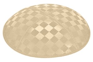 Beige Blind Embossed Checkerboard Kippah with Purple and Silver Trim