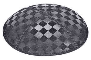 Dark Grey Blind Embossed Checkerboard Kippah with White and Silver Trim