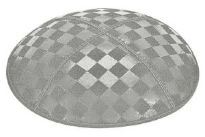 Medium Grey Blind Embosed Checkerboard Kippah with Navy and Silver Trim