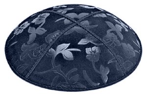 Navy Blind Embossed Flowers Kippah without Trim